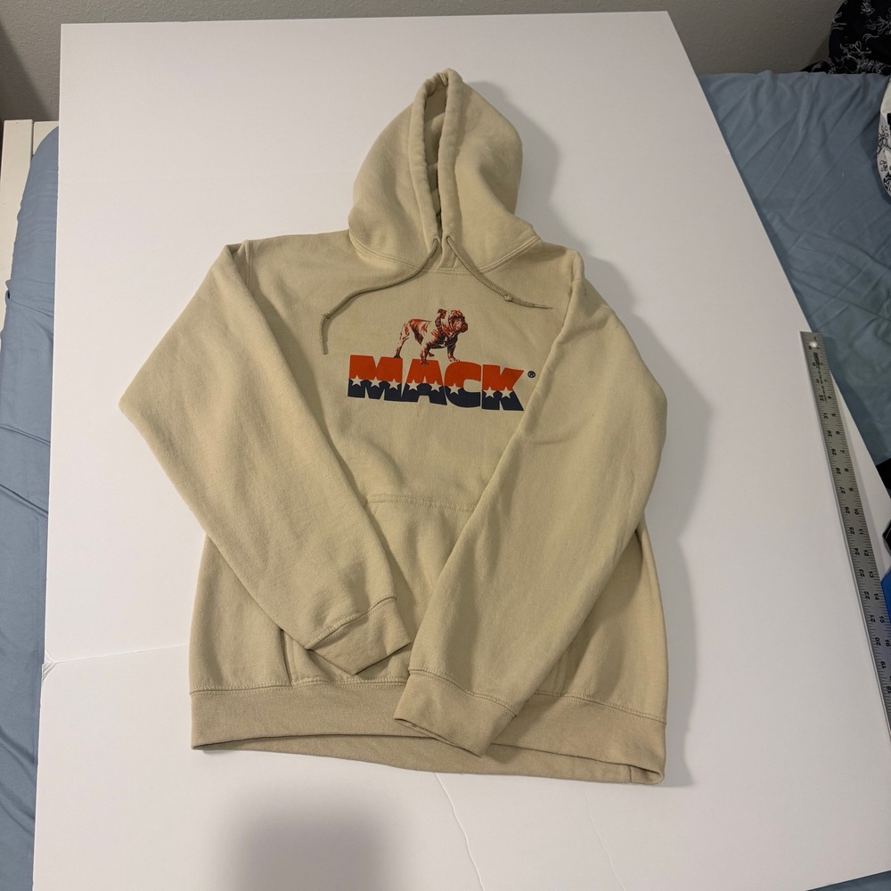 Mack Trucks Bulldog Graphic Hoodie Tan Mens Small Built To Outlast Them All Logo